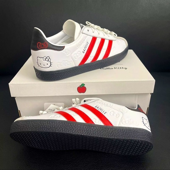 adidas White Sneakers with Red Stripes and Black Heel